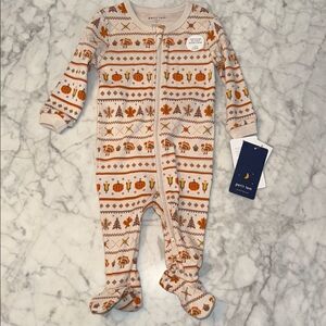 NWT Petit Lem Cream & Orange Fall Thanksgiving Pumpkin Patterned Kids Footie